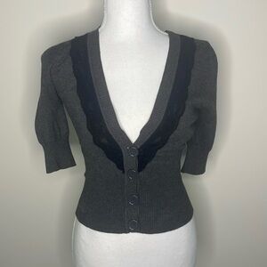 Liv Gray V Neck Button Up Sweater With Lace Accents